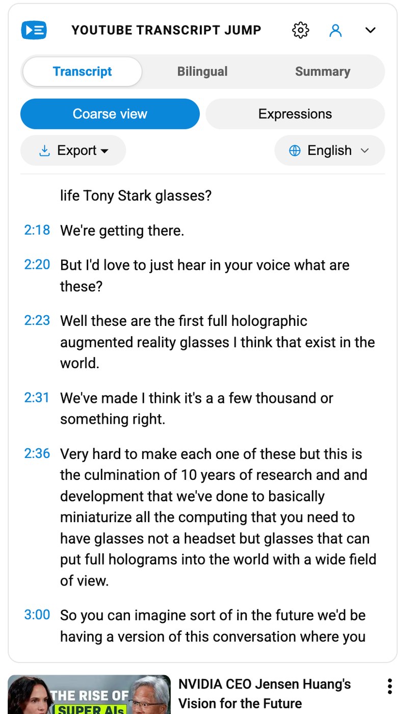 Per-sentence transcript with each line timestamped